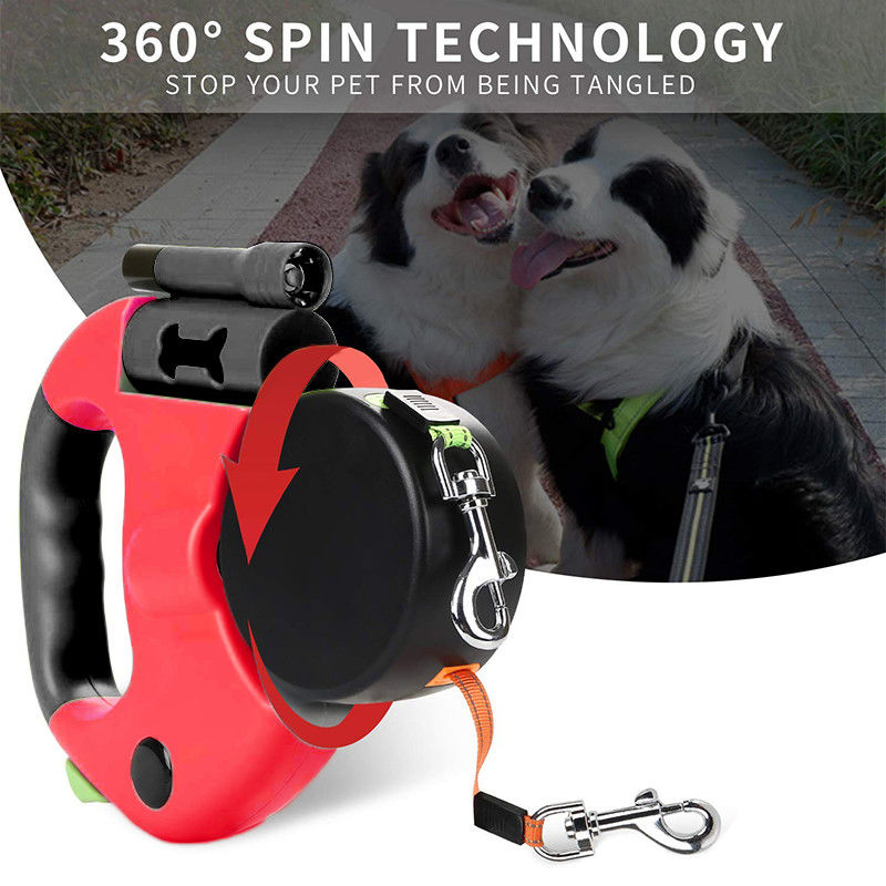 Ceinture élastique résistante de double laisse escamotable réfléchie de chien avec des sacs de dunette de lampe-torche de LED