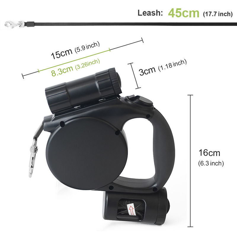 3 escamotables automatiques dans 1 laisse de chien de corde avec des sacs de lampe-torche et de dunette