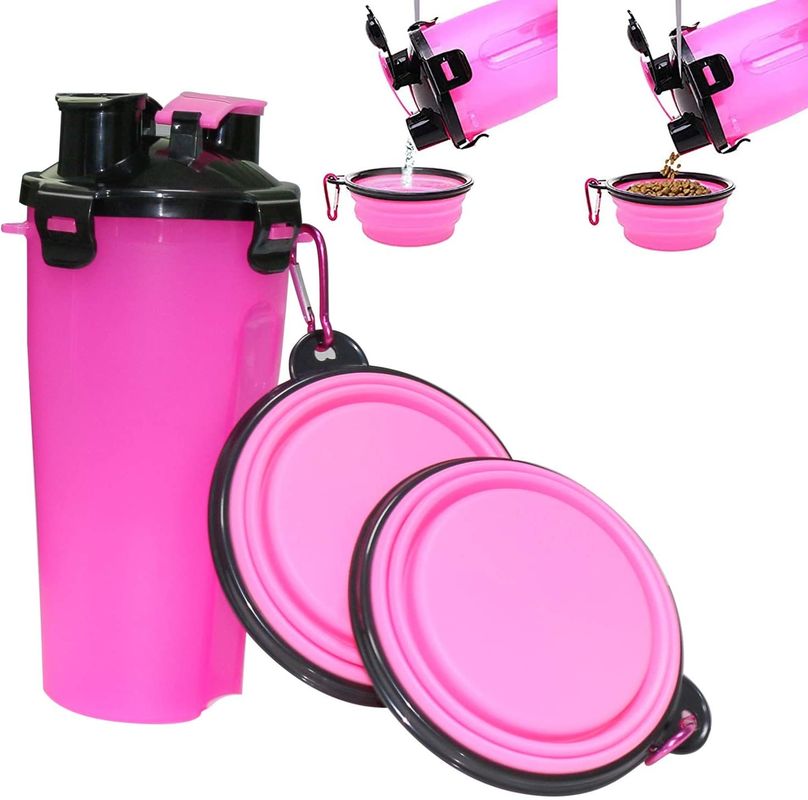 distributeur portatif extérieur de bouteille d'eau de l'animal familier 350ml avec 2 cuvettes pliantes de silicone