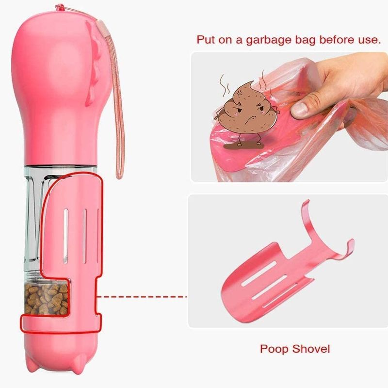 Bouteille d'eau rose étanche portative du chien 4 In1 avec le conteneur de nourriture et le sac de rebut