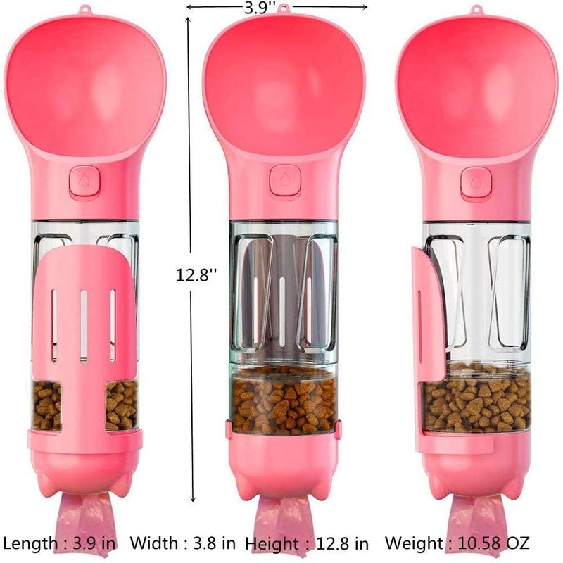 Bouteille d'eau rose étanche portative du chien 4 In1 avec le conteneur de nourriture et le sac de rebut