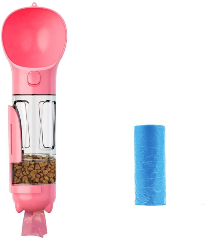 Bouteille d'eau rose étanche portative du chien 4 In1 avec le conteneur de nourriture et le sac de rebut